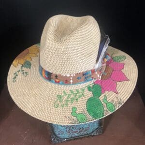 Handpainted Straw Adorned with Cactus and Floral Designs